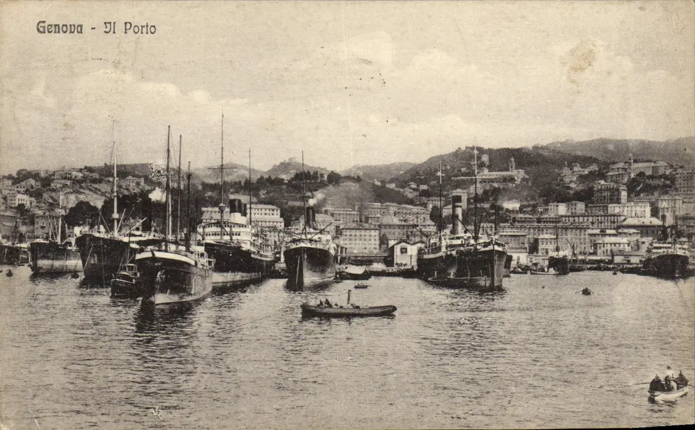 Genua - Het Haven — uitzicht op de haven met stoomschepen — onbekende uitgever - Voorkant