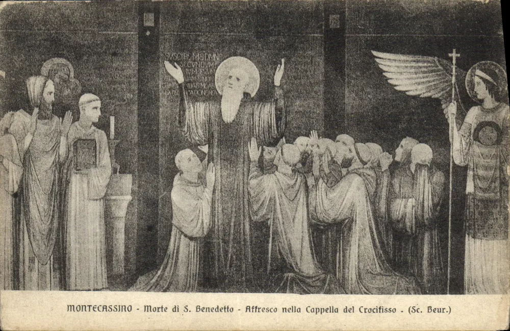 Montecassino - Tod des hl. Benedikt - Fresko in der Kapelle des Kreuzes - (Sc. Beur.) - Vorderseite