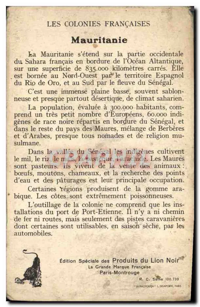 La Mauritanie — Colonies Françaises — Édition Spéciale des Produits du Lion Noir - Verso