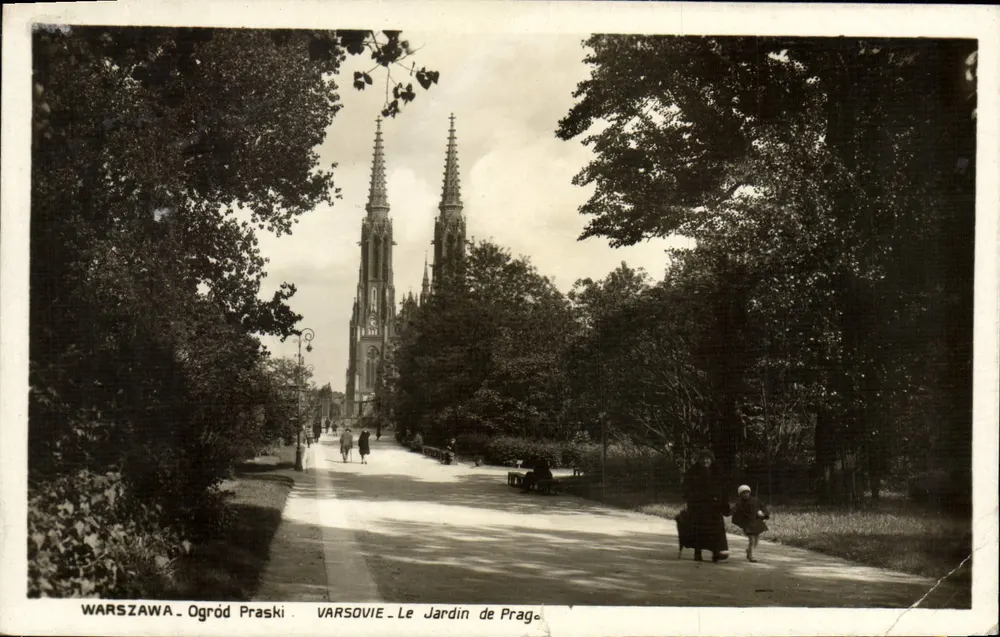 Warszawa - Ogród Praski — vue du jardin avec église à deux flèches, éditeur VARSOVIE - Vorderseite