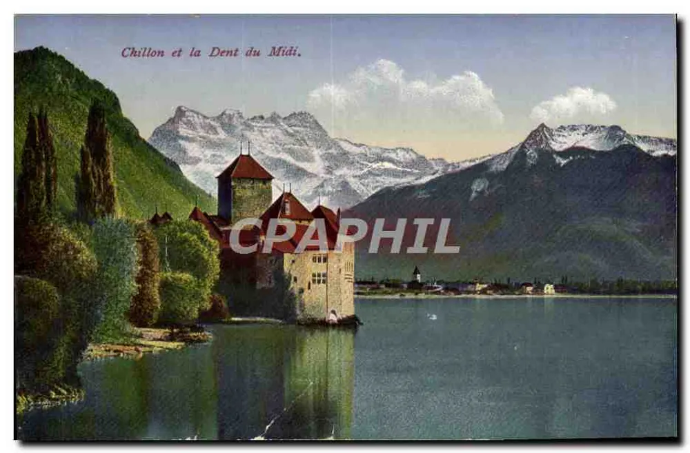 Chillon e a Dent du Midi — vista do castelo no lago com montanhas nevadas — editor não visível - Frente