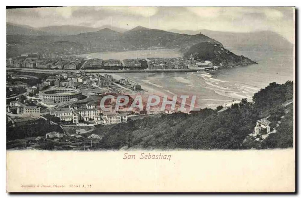San Sebastián — vista aérea da cidade e da praia — Romualdez & Jonas, Dresde, n° 13 - Frente