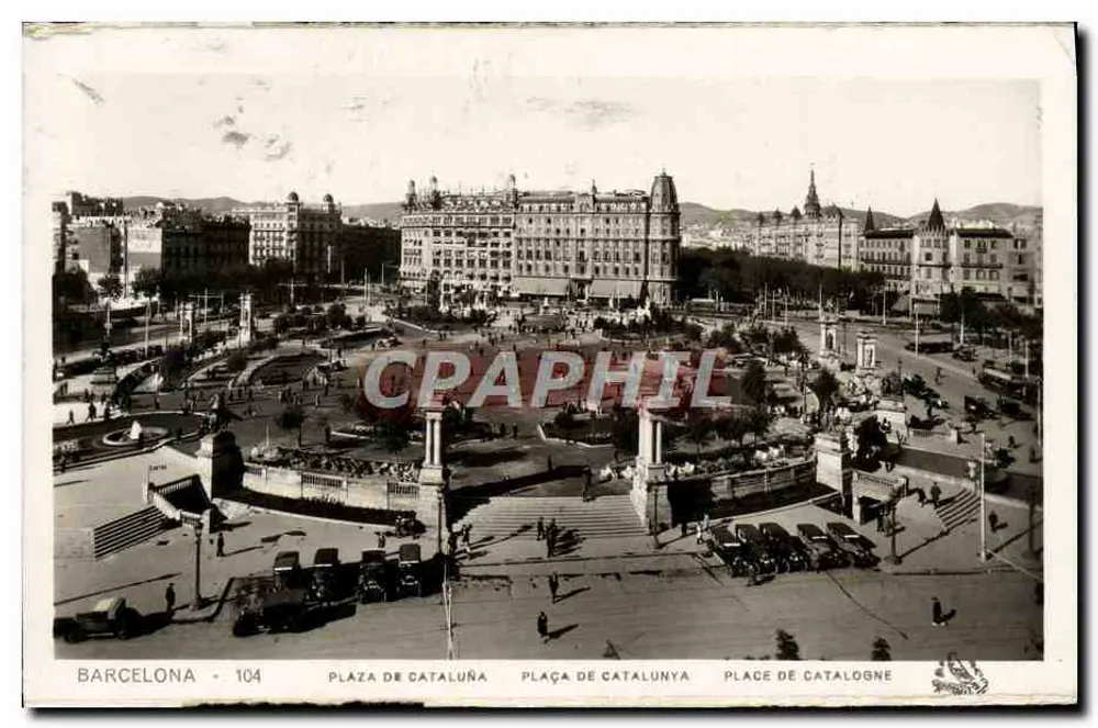 Barcelona - Plaza de Catalunya — vista aérea — editor desconhecido, n° 104 - Frente