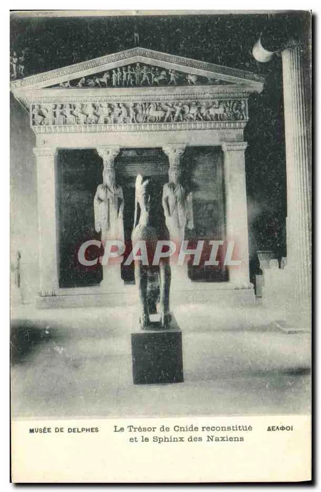 Museum von Delphi — Das rekonstruierte Schatzhaus von Knidos und der Naxierische Sphinx — Verlag: H.M.-ST. Pallis & Cotanzis, Athen - Vorderseite
