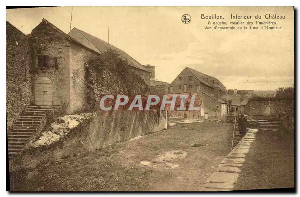 Bouillon. Innenansicht des Schlosses — Überblick über den Ehrenhof, Treppenhaus der Pulverkammer — Verlag Thill, Brüssel - Vorderseite