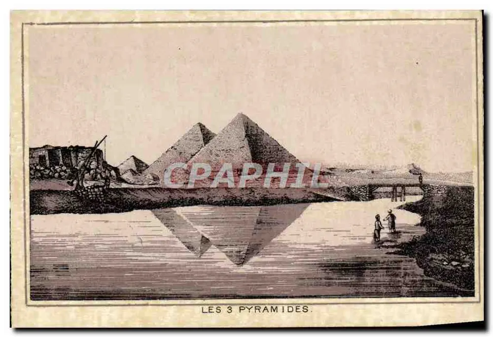 Les 3 Pyramides — vue des grandes pyramides de Gizeh avec leur reflet dans l'eau — éditeur non identifié - Frente