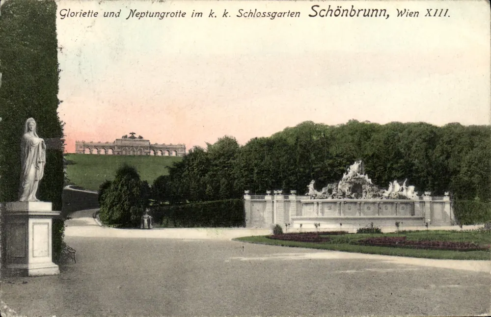 Gloriette und Neptungrotte im kaiserlichen Schlossgarten Schönbrunn, Wien XIII. - Vorderseite
