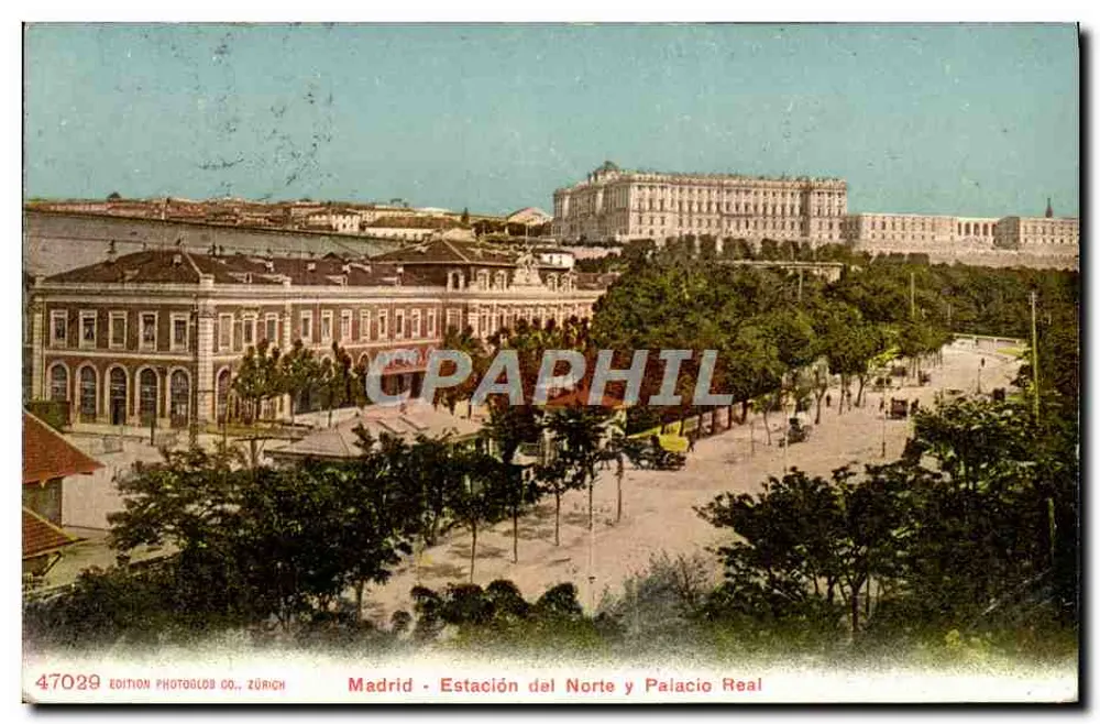 Madrid - Estação do Norte e Palácio Real — Edição Photoglob Co., Zürich, n° 47029 - Frente