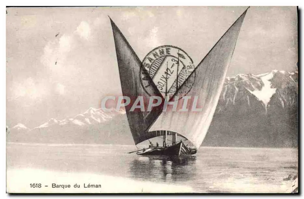 Barco do Léman — vista lacustre com montanhas no fundo — editor não visível, número de série 1618 - Frente
