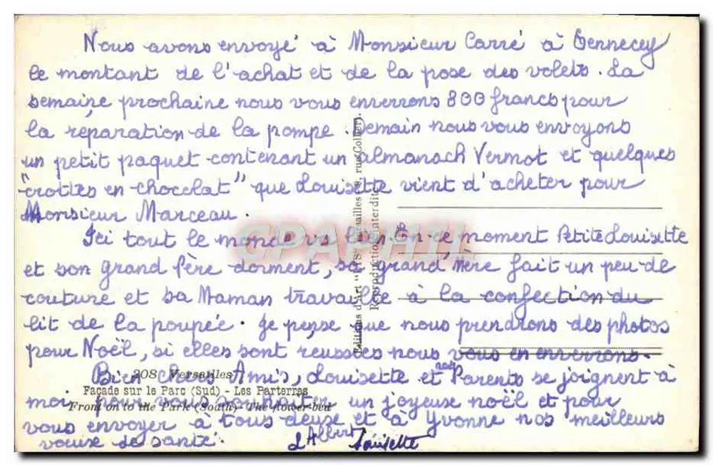 Fachada sobre o Parque (Sul) - Os Parterres — Castelo de Versailles — editor LYS, n° de série 208 - Verso