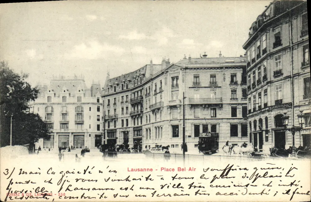 Lausanne - Place Bel Air — stadsgezicht met tram en gebouwen — uitgever PORGAZ & CIE, n° 856 - Voorkant