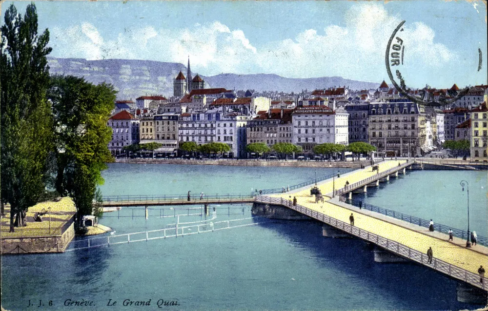 Genebra. O Grande Quai — vista panorâmica com ponte — J.J.6 - Frente