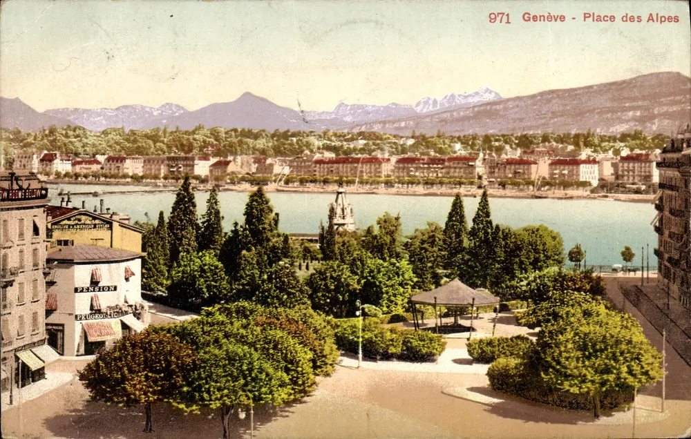Genebra - Place des Alpes — vista do lago e das Alpes — Edição Photosglob Co, Zurique, n° 971 - Frente