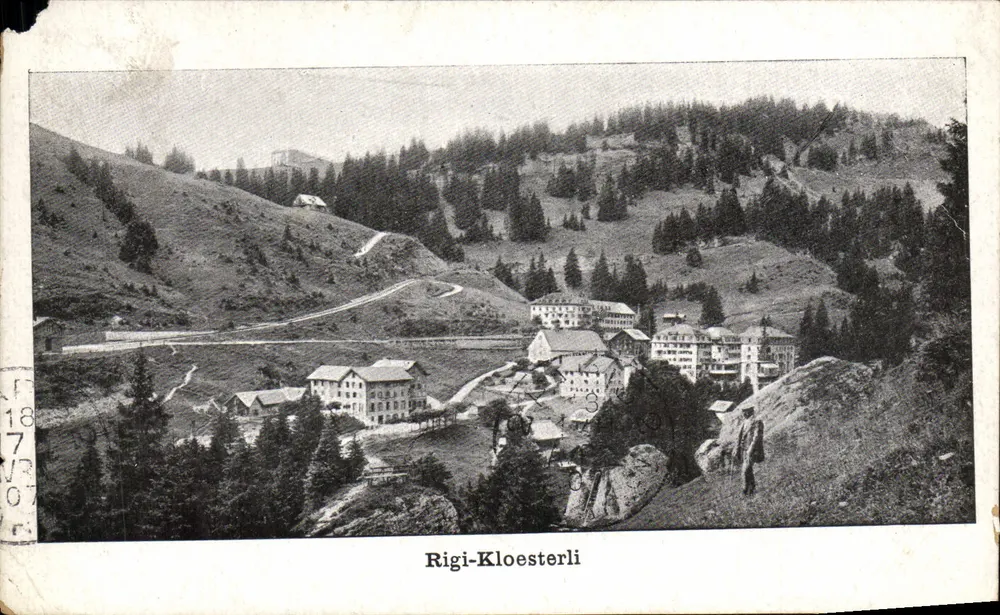 Rigi-Kloesterli — vista panorâmica do vilarejo e da ferrovia — editor desconhecido, número de série não visível - Frente