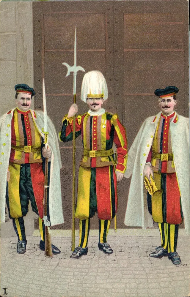 Guardas da Guarda Real Italiana — uniformes coloridos — editor Imp. P. P. Paris, n° I - Frente