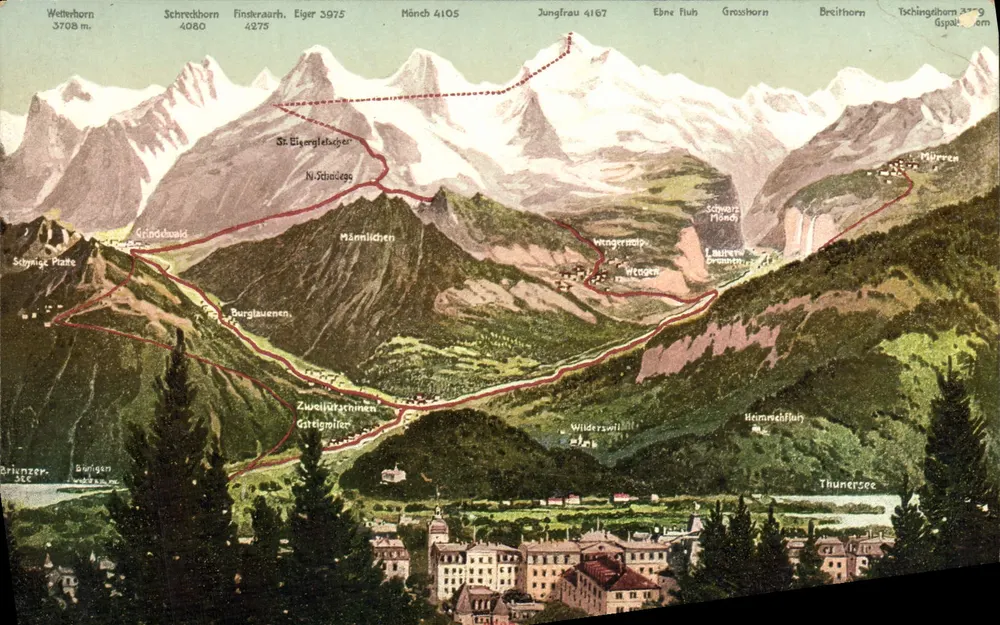 Vista das Alpes suíças — trilhas e picos — Edição Photoglob Co., Zurique - Frente