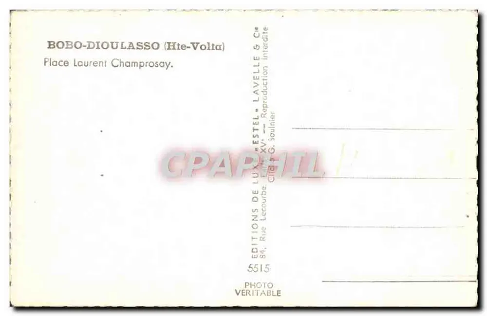 Bobo-Dioulasso — Place Laurent Champrosay — Éditions de Luxe Lavelle & Cie - Verso