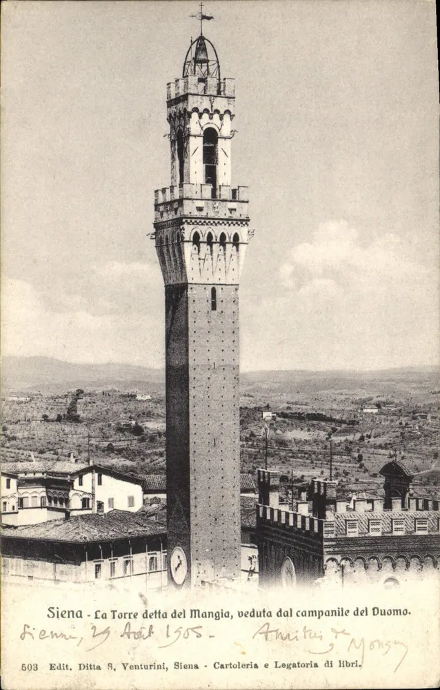 Siena - La Torre detta del Mangia, Ansicht vom Glockenturm des Duoms — Ditta S. Venturini, Siena, n° 503 - Vorderseite