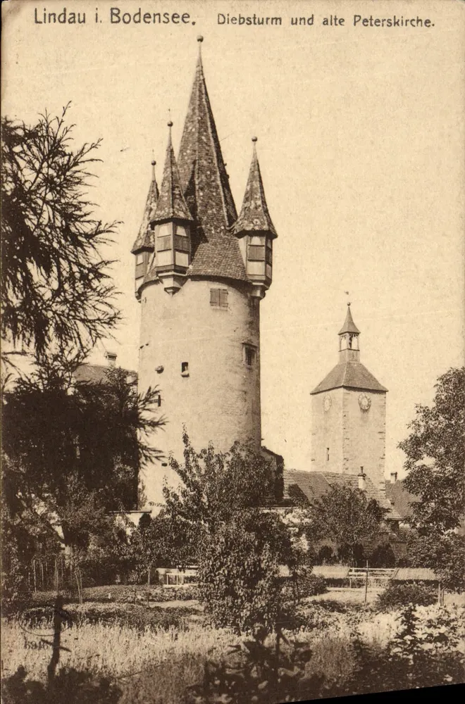 Lindau am Bodensee — Diebsturm-Turm und alte Peterskirche — Verleger unbekannt - Vorderseite