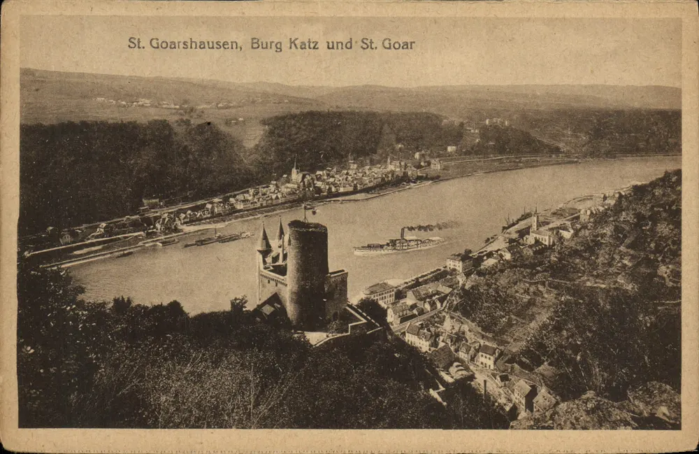 St. Goarshausen, Burg Katz und St. Goar — Panoramablick auf Schloss und Fluss - Vorderseite