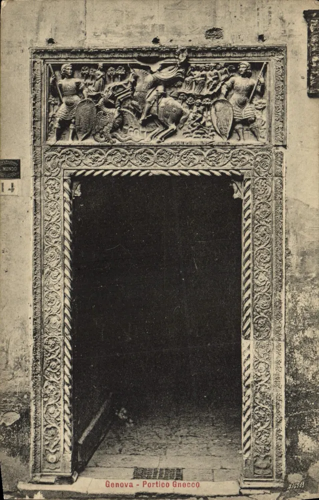 Gênova - Portico Gneacco — porta esculpida com bas-relief de cavaleiros — editor Mondo, n° 14 - Frente