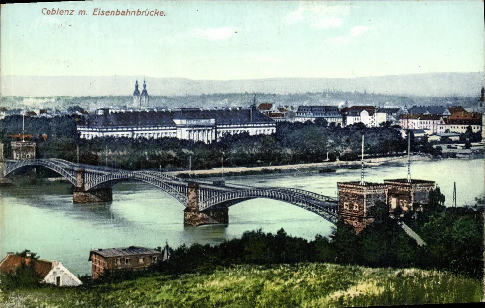 Coblence m. Ponte Ferroviária — vista da cidade e do ponte — editor Lauriz & Co. GmbH, Darmstadt - Frente