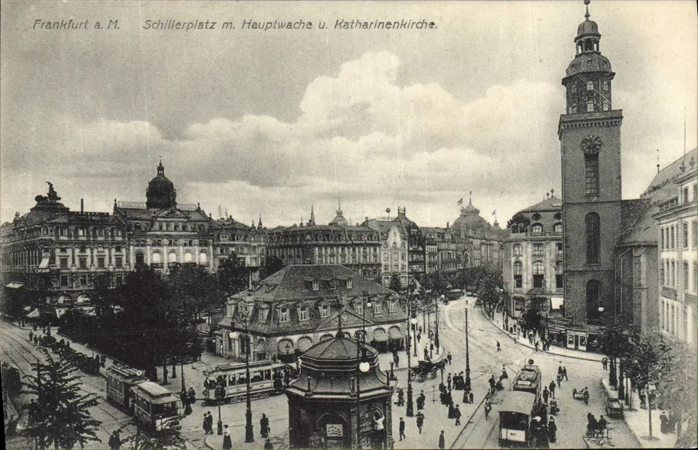Frankfurt a.M. — Schillerplatz mit Hauptwache und Katharinenkirche — Vereinigte Künstlerdruckerei Hertz & Lautz B.M.H. Darmstadt, n° VII 44134 - Vorderseite