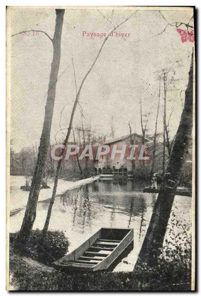 Paysage d'hiver — vue d'un étang avec barque et arbres nus — éditeur M. H. E. n° S. 18 - Frente