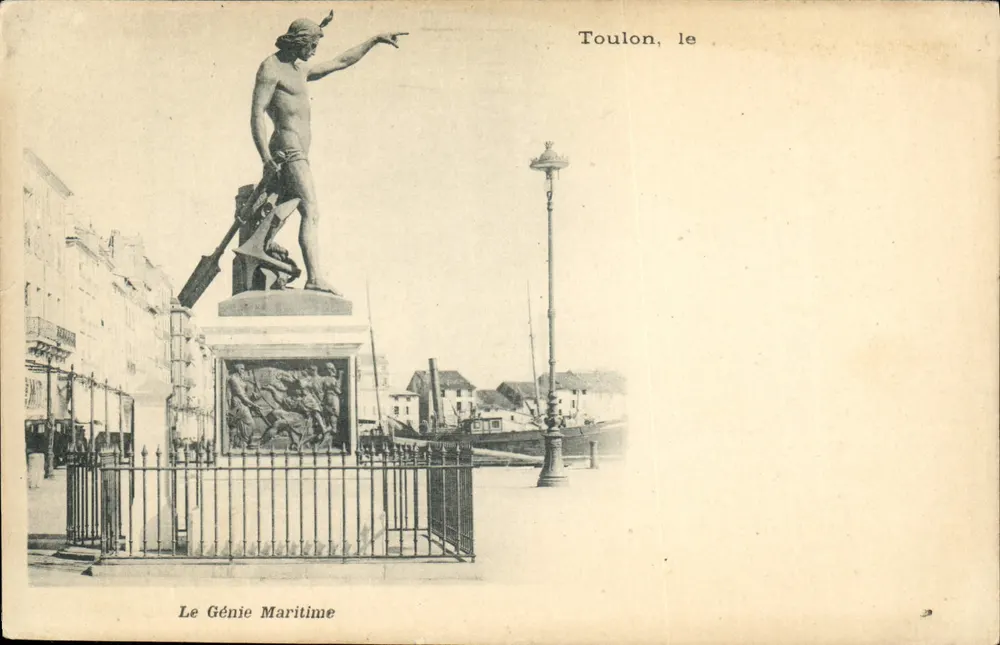 Toulon, o Gênio Marítimo — estátua de mármore sobre pedestal com bas-relief — editor não visível - Frente