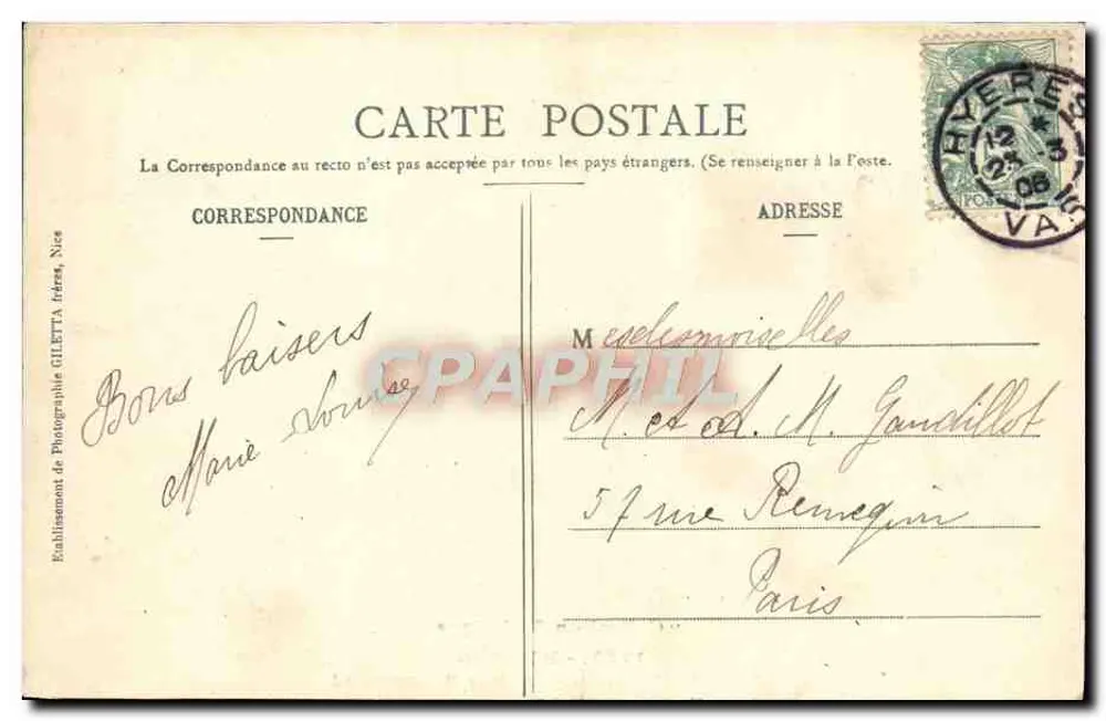Palmengasse - Avenue Beauregard — Hyères — Édition Giletta, Fotografie Nice, Nr. 1736 - Rückseite
