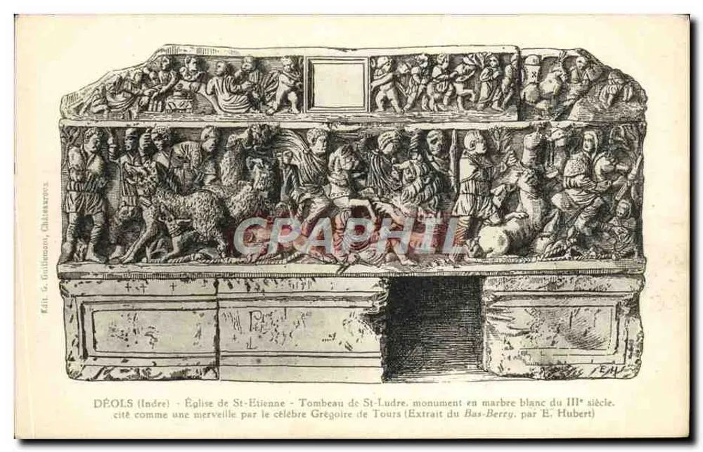 Déols (Indre) - Kirche Saint-Étienne - Grabmal von Saint-Ludre, weißes Marmor-Monument aus dem 3. Jahrhundert - Vorderseite