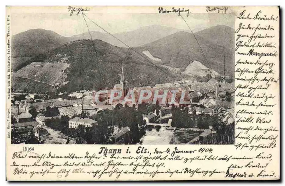 Thann i. Els — vista aérea do vilarejo e das montanhas — Verlag von Ed. Schäffer, Thann i. Els, n° 15184 - Frente