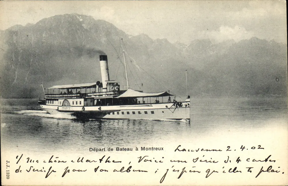 Partida de Navio em Montreux — vista do lago e montanhas — J.T. 1920 - Frente