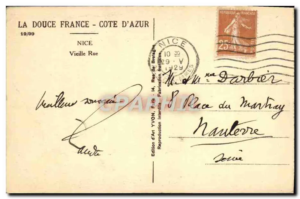 Alte Straße in Nice — Ausgabe 'La Douce France - Côte d'Azur' — Édition d'Art Yvon, Nice - Rückseite