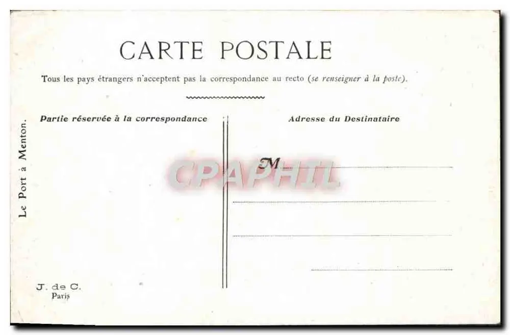 Porto de Menton — Estudo artístico — J. de C. Paris - Verso