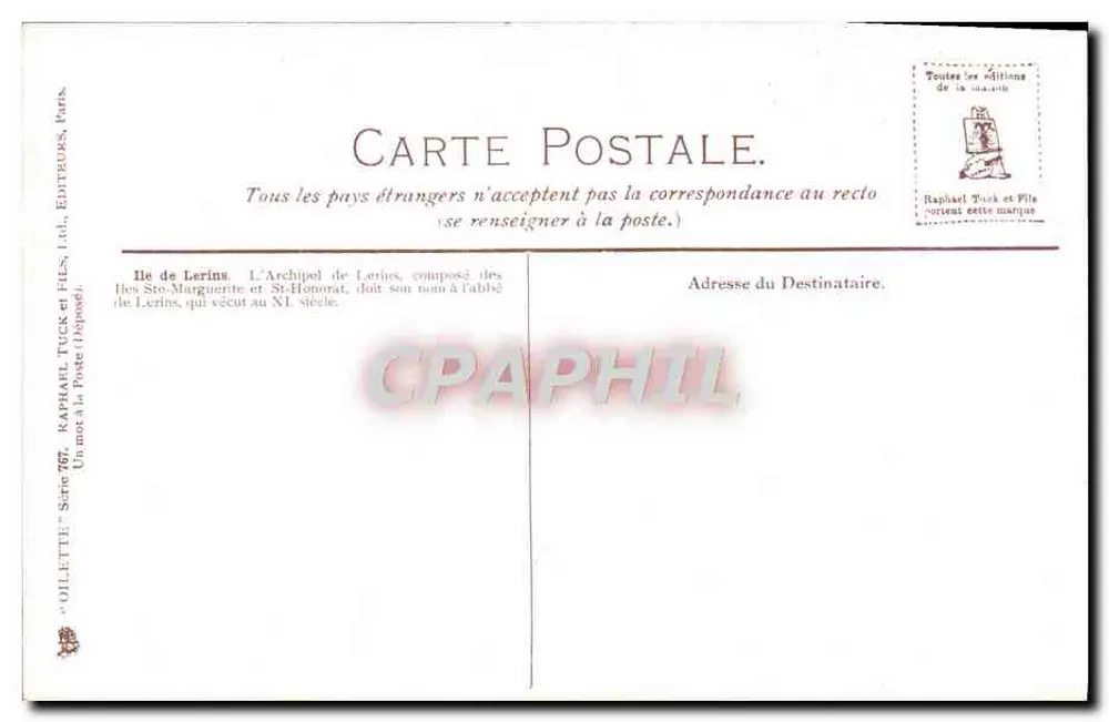 Cannes — Ilha de Lerins — Raphael Tuck & Fils, série 767 - Verso