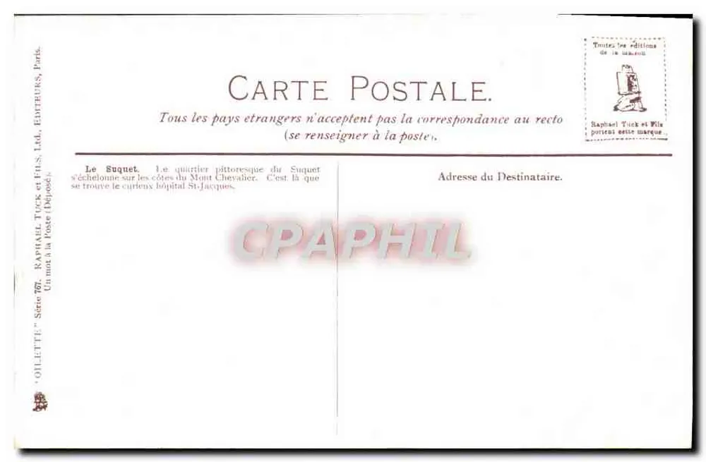 Le Suquet — bairro pitoresco do Mont Chevalier — editor Raphael Tuck & Sons, série 76 - Verso