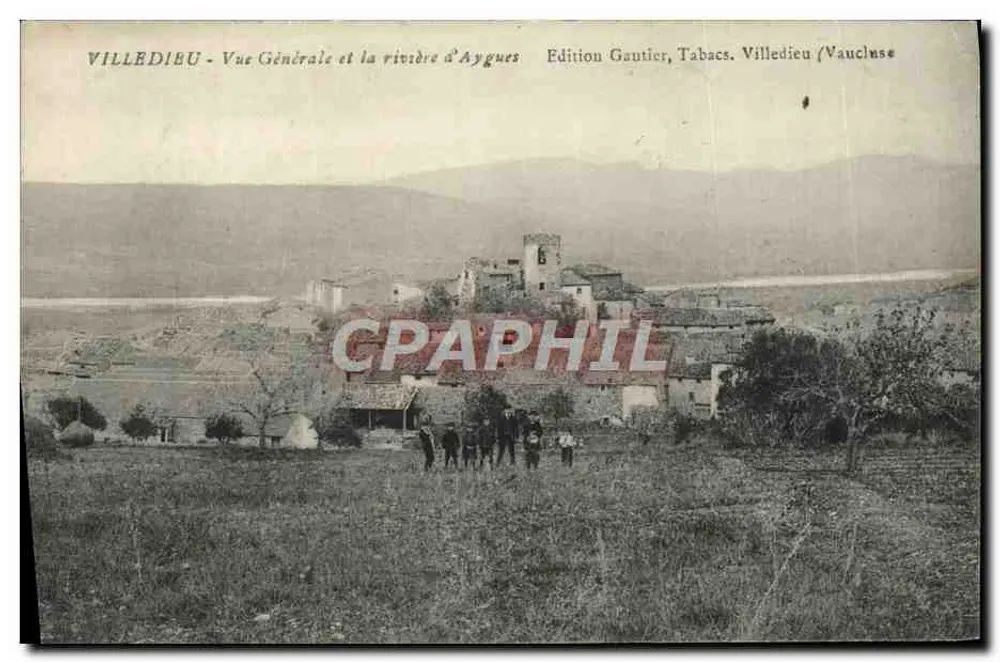 Villedieu - Vue Générale et la rivière d'Aygues — Édition Gautier, Tabacs, Villedieu (Vaucluse) - Recto