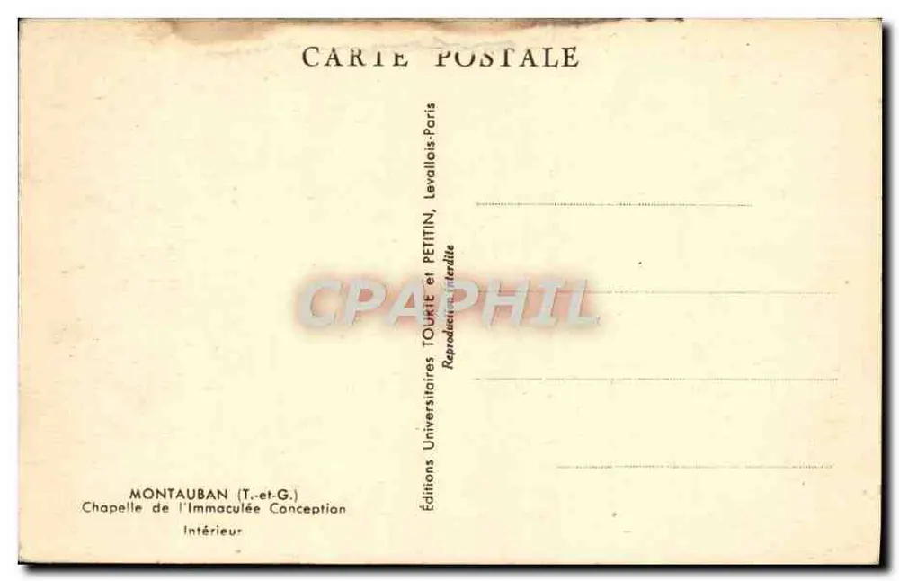 Intérieur de la Chapelle de l'Immaculée Conception à Montauban — éditeur Éditions Universitaires Toulkite et Petitin, Levavalois-Paris - Verso