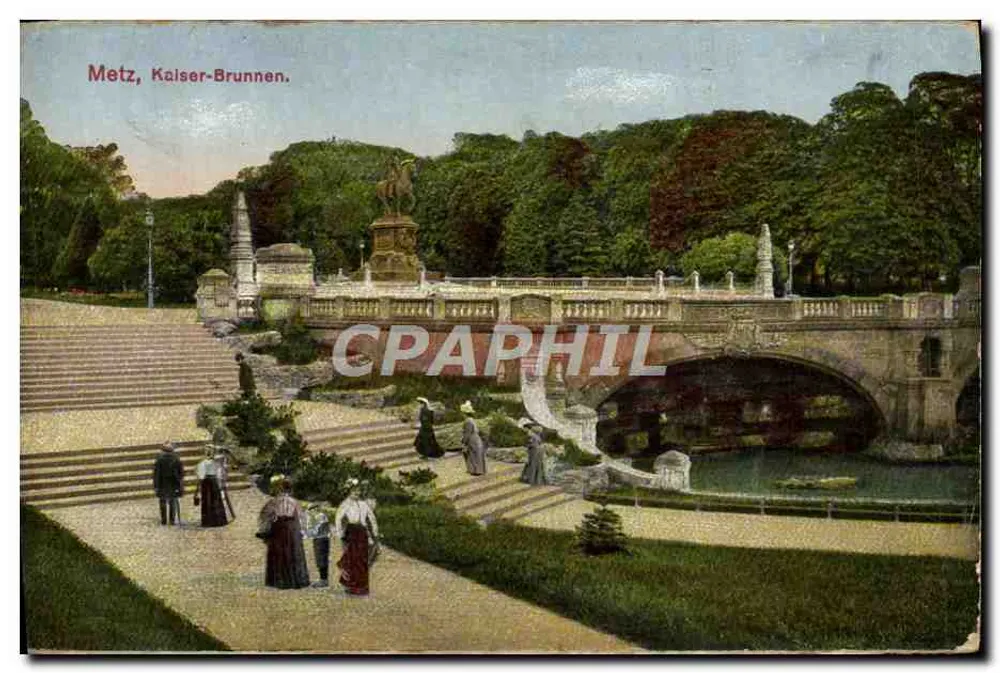 Metz, Kaiser-Brunnen — vista do monumento e do ponte — editor Gerard Blümlein & Co., Frankenthal - Frente