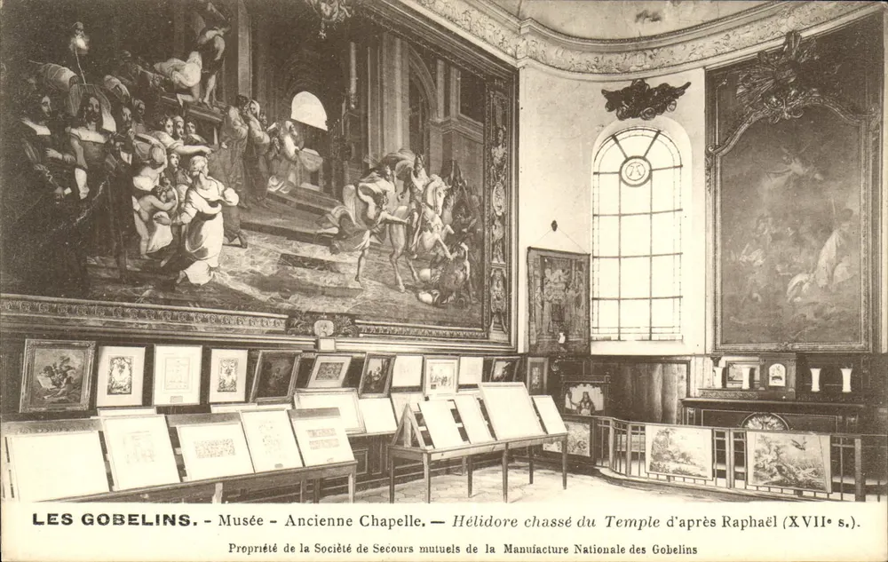 Die Gobelins — Museum — Ehemalige Kapelle — Hélidore aus dem Tempel vertrieben nach Raphael (17. Jahrhundert) — Eigentum der Genossenschaft zur gegenseitigen Unterstützung der Nationalen Gobelins-Manufaktur - Vorderseite