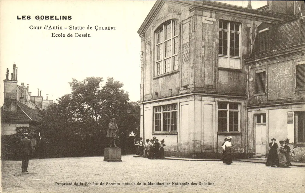 Die Gobelins — Cour d'Antin - Statue von Colbert — Schule des Zeichnens — Gesellschaft für gegenseitige Hilfe der Nationalen Gobelins-Manufaktur - Vorderseite
