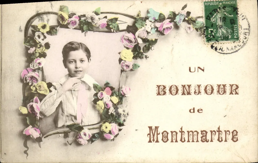 Un bonjour de Montmartre — jeune garçon dans un cadre floral — éditeur non visible, n° de série non lisible - Frente