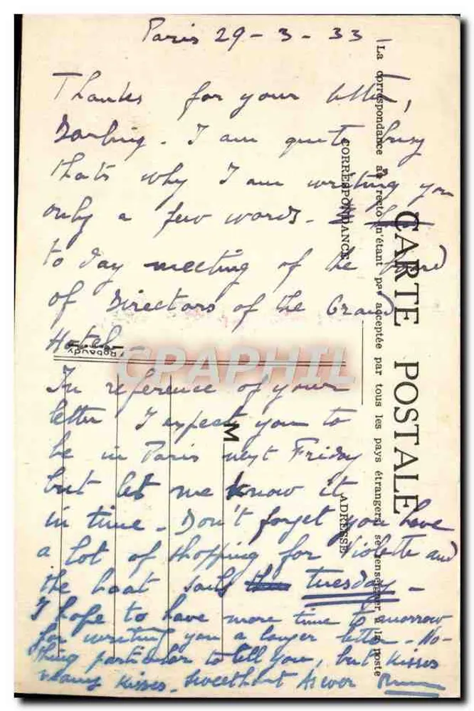O Grand Hotel — Paris — CPAPHIL - Verso