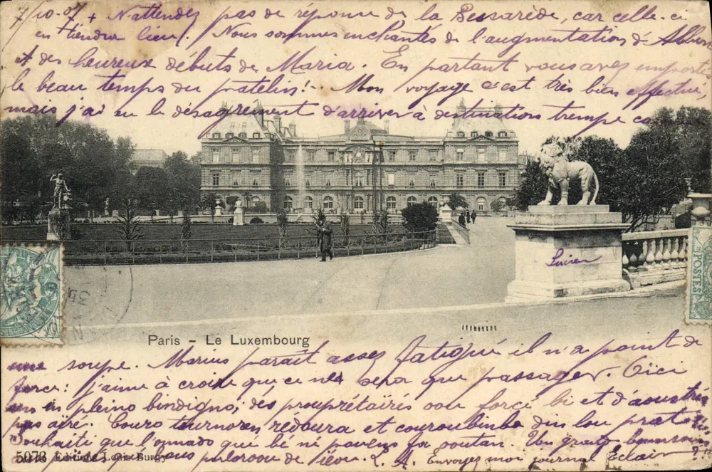 Paris - O Jardim do Luxembourg — vista do jardim com estátua de leão — editor Louis Burgy, n°5078 - Frente