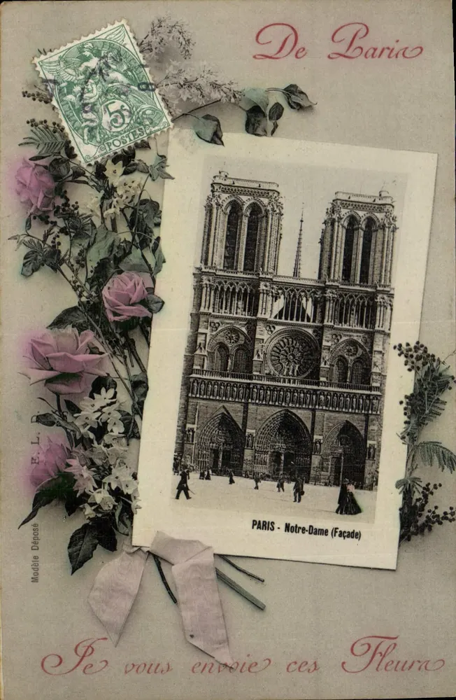 Paris - Notre-Dame (Fachada) — Carta decorada com flores — Editor Modelo Depositado - Frente
