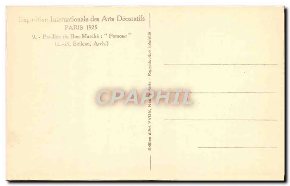 Pavillon des Bon-Marché 'Pomone' — Internationale Ausstellung für Dekorative Künste, Paris 1925 — Kunstausgabe YVON, Neuausgabe - Rückseite