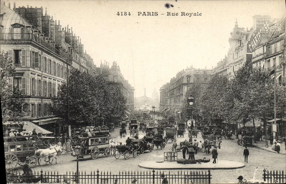 Paris - Rue Royale — vista animada com carruagem e fonte — editor anônimo, n° 4184 - Frente
