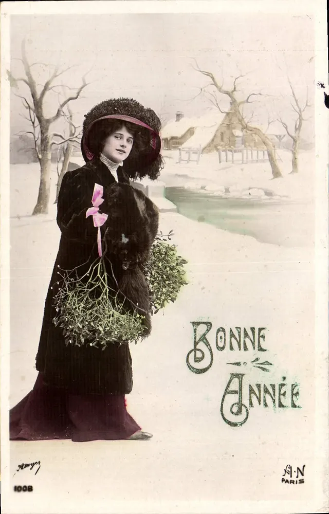 Frau in Pelzjacke mit Eberesche — Frohe Weihnachten — A.N. Paris, Nr. 1008 - Vorderseite