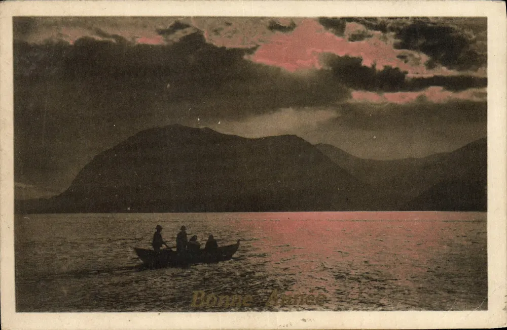 Bateau sur lac au coucher du soleil — scène de montagne — éditeur non visible - Vorderseite